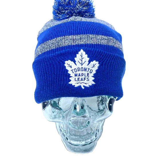Toronto Maple Leafs Hat Winter NHL Apparel Knit Cap Blue & Grey w Pom Pom, GUC - Picture 2 of 5